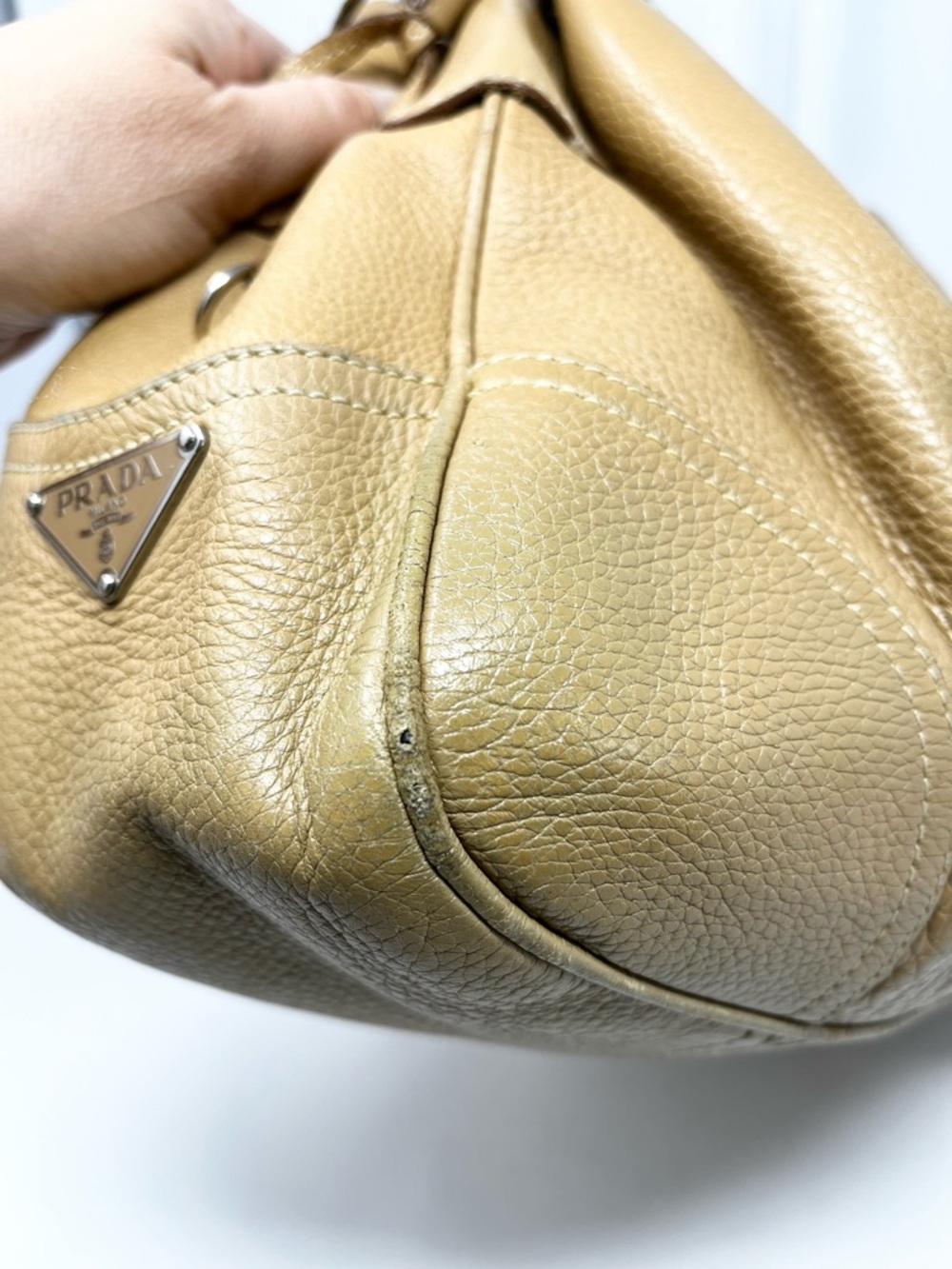 Authentic Vintage Prada 90s Brown Tan Triangle Logo Leather Shoulder Hobo Bag - Picture 12 of 16